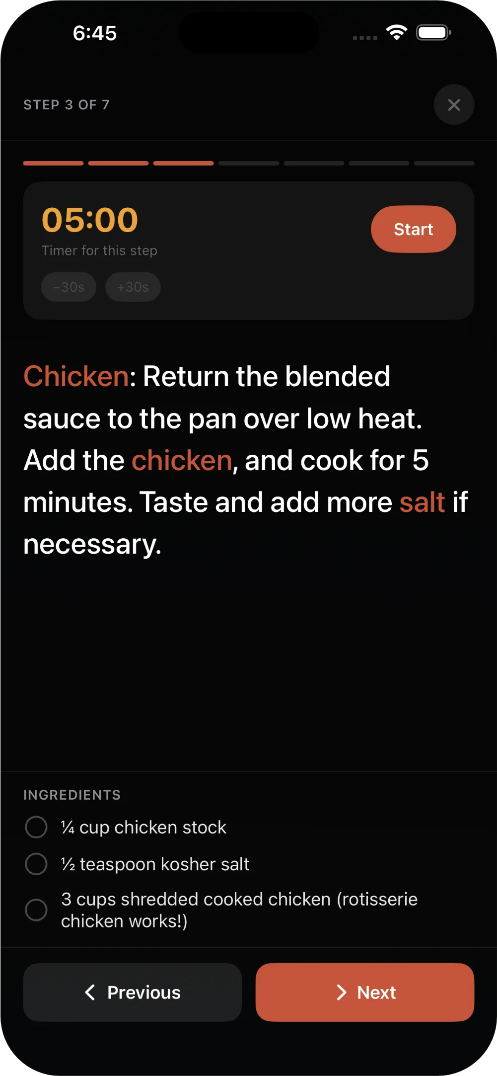 Screenshot of Cooking Mode in Taco Tuesday, showing a hands-free step view with a timer