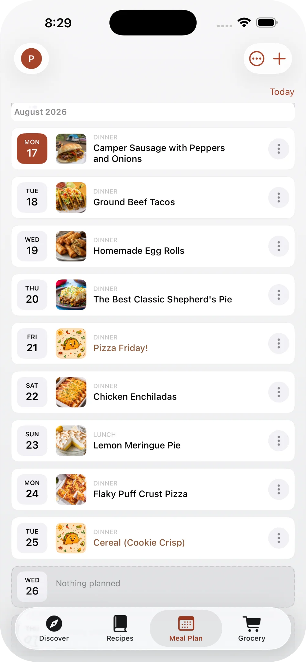 Screenshot of the Meal Plan screen in Taco Tuesday, showing a mix of planned recipes and ad hoc Quick Add entries like Pizza Friday