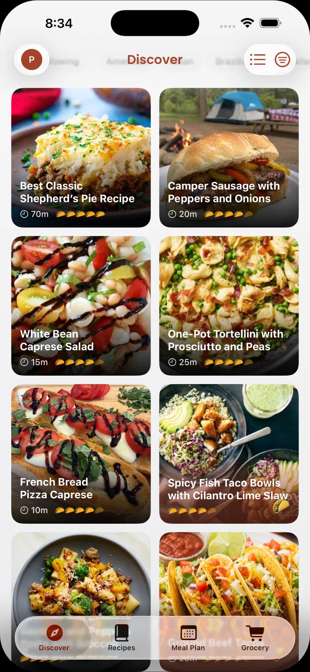 Screenshot of the Discover feed in Taco Tuesday, showing a grid of recipes from other home cooks